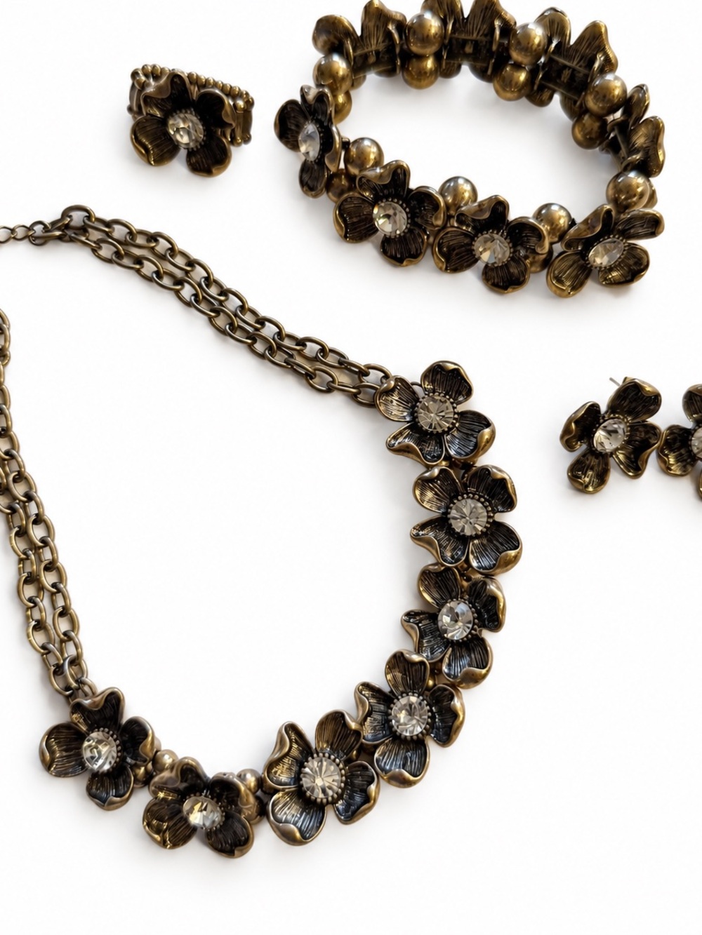 Antique Gold Floral Crystal Statement Necklace - Pierced Earrings- Bracelet Set